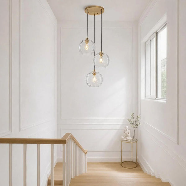 Chandelierias - 3 - Light Hand - hammered Glass Orbs Cluster Pendant - Chandeliers - Brass - 