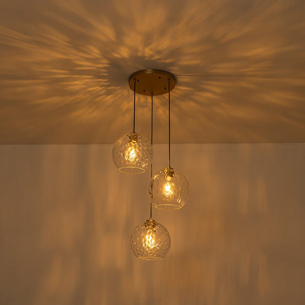 Chandelierias - 3 - Light Hand - hammered Glass Orbs Cluster Pendant - Chandeliers - Brass - 