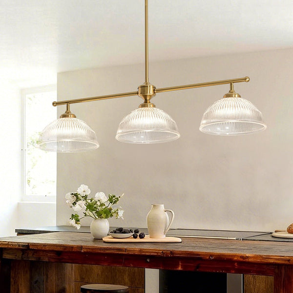 Chandelierias - 3 - Light Linear Dome Ribbed Glass Kitchen Island Pendant - Pendants - Brass - 
