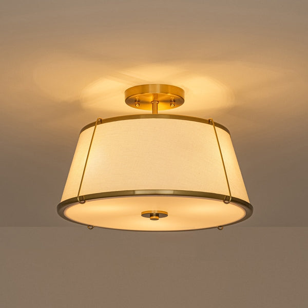 Chandelierias-3-Light Linen Fabric Tapered Drum Framed Semi-flush Mount-Semi Flush-Brass-