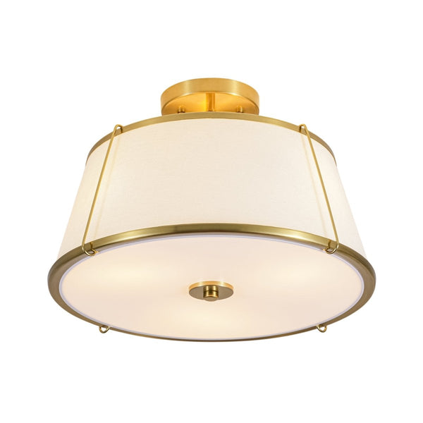 Chandelierias-3-Light Linen Fabric Tapered Drum Framed Semi-flush Mount-Semi Flush-Brass-