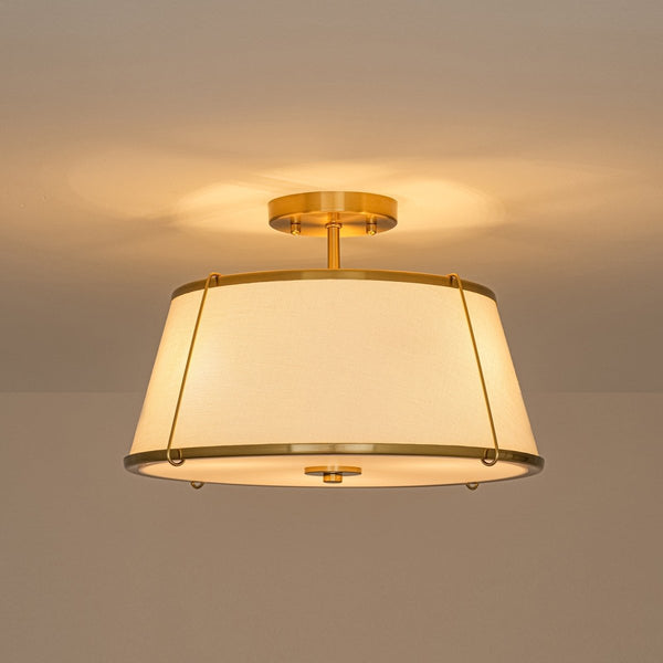 Chandelierias-3-Light Linen Fabric Tapered Drum Framed Semi-flush Mount-Semi Flush-Brass-