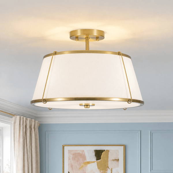 Chandelierias-3-Light Linen Fabric Tapered Drum Framed Semi-flush Mount-Semi Flush-Brass-
