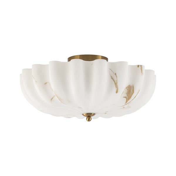 Chandelierias-3-Light Marble Veined Glass Floral Scalloped Semi-flush Mount-Semi Flush-Brass-