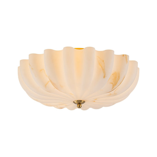 Chandelierias-3-Light Marble Veined Glass Floral Scalloped Semi-flush Mount-Semi Flush-Brass-