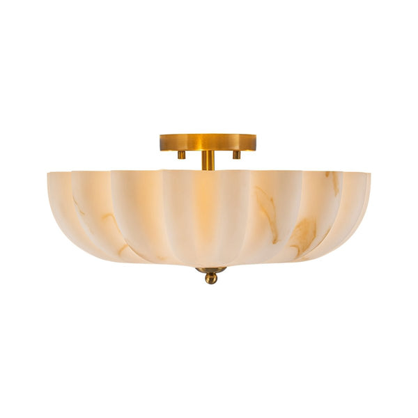 Chandelierias-3-Light Marble Veined Glass Floral Scalloped Semi-flush Mount-Semi Flush-Brass-