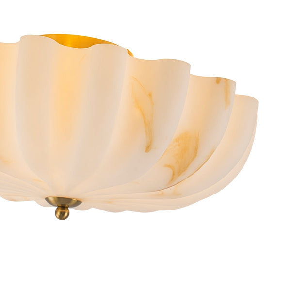 Chandelierias-3-Light Marble Veined Glass Floral Scalloped Semi-flush Mount-Semi Flush-Brass-