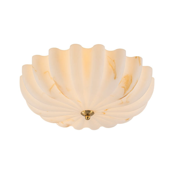 Chandelierias-3-Light Marble Veined Glass Floral Scalloped Semi-flush Mount-Semi Flush-Brass-