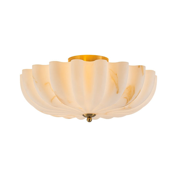 Chandelierias-3-Light Marble Veined Glass Floral Scalloped Semi-flush Mount-Semi Flush-Brass-