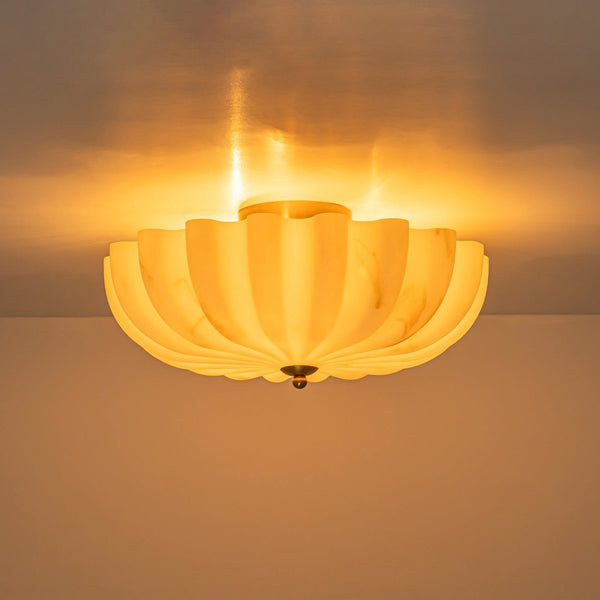 Chandelierias-3-Light Marble Veined Glass Floral Scalloped Semi-flush Mount-Semi Flush-Brass-
