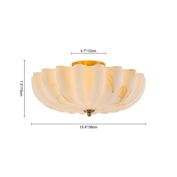 Chandelierias-3-Light Marble Veined Glass Floral Scalloped Semi-flush Mount-Semi Flush-Brass-