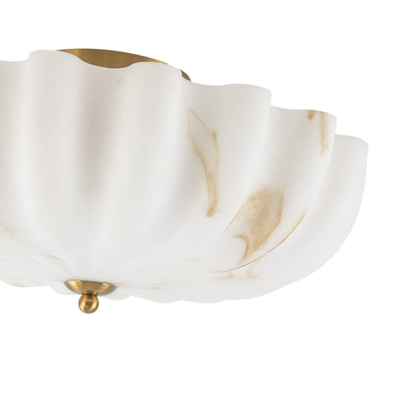 Chandelierias-3-Light Marble Veined Glass Floral Scalloped Semi-flush Mount-Semi Flush-Brass-