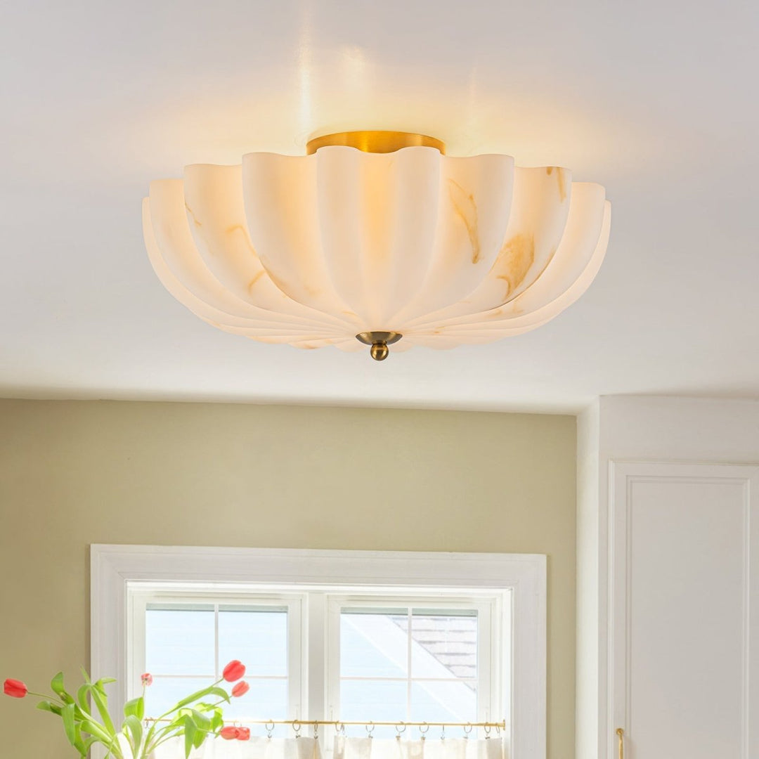 Chandelierias-3-Light Marble Veined Glass Floral Scalloped Semi-flush Mount-Semi Flush-Brass-