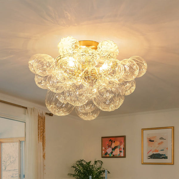 Chandelierias-3-Light Petals Textured Glass Bubble Semi-flush Mount-Chandeliers-Brass-