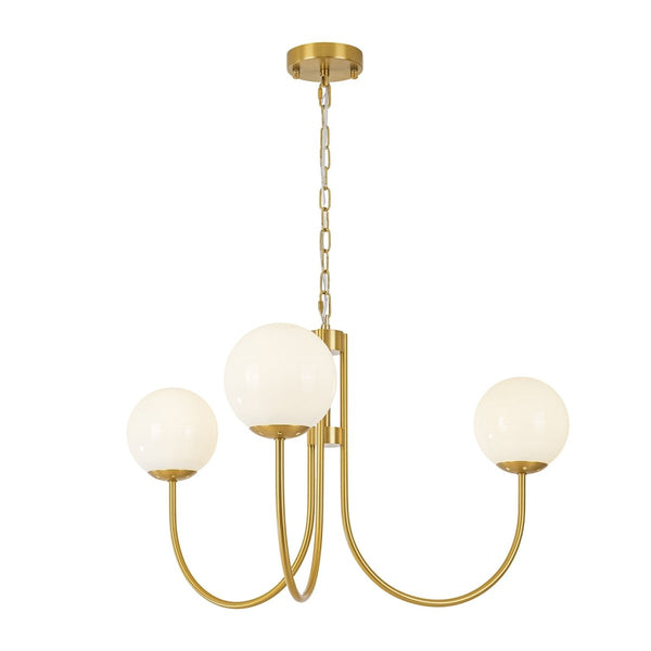 Chandelierias-3-Light Polished Opal Glass Arched Metal Arm Radial Chandelier-Chandeliers-Brass-