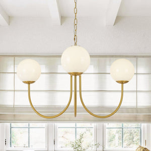 Chandelierias-3-Light Polished Opal Glass Arched Metal Arm Radial Chandelier-Chandeliers-Brass-