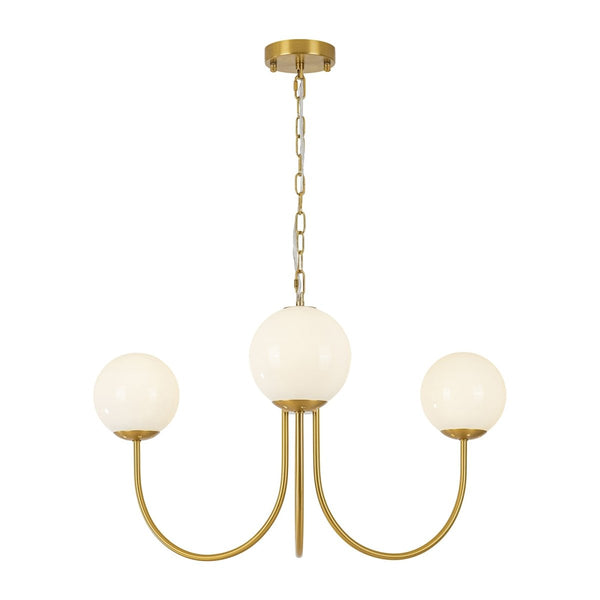 Chandelierias-3-Light Polished Opal Glass Arched Metal Arm Radial Chandelier-Chandeliers-Brass-