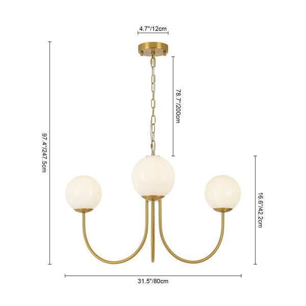 Chandelierias-3-Light Polished Opal Glass Arched Metal Arm Radial Chandelier-Chandeliers-Brass-