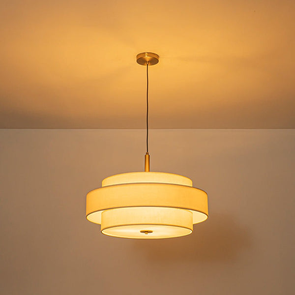 Chandelierias - 3 - Light Round Layered Drum White Linen Pendant Chandelier - Chandeliers - Black - 