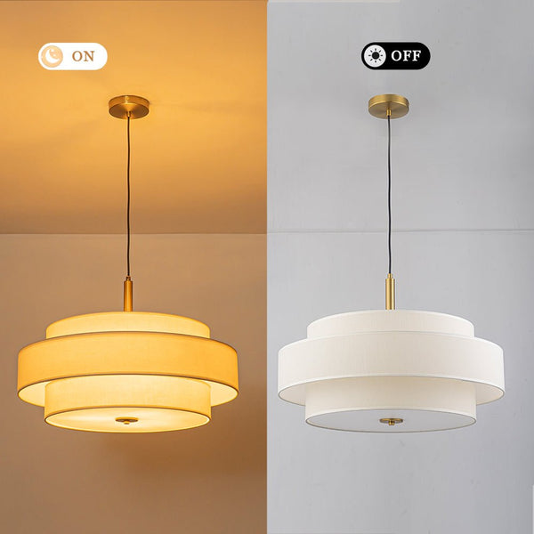 Chandelierias - 3 - Light Round Layered Drum White Linen Pendant Chandelier - Chandeliers - Black - 