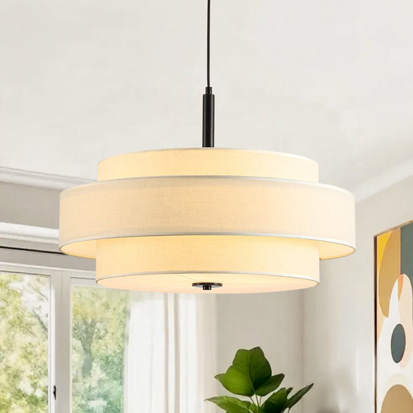 Chandelierias - 3 - Light Round Layered Drum White Linen Pendant Chandelier - Chandeliers - Black - 