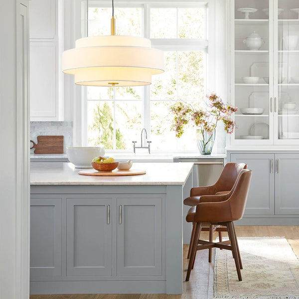 Chandelierias - 3 - Light Round Layered Drum White Linen Pendant Chandelier - Chandeliers - Brass - 