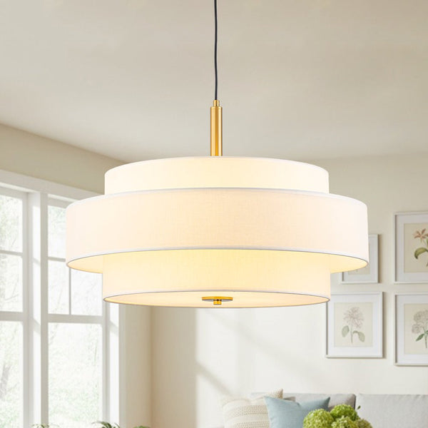 Chandelierias - 3 - Light Round Layered Drum White Linen Pendant Chandelier - Chandeliers - Brass - 