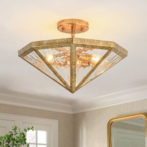 Chandelierias-3-Light Rusty Gold Ripple Glass Pyramid Semi-flush Mount-Semi Flush-Antique Brass-