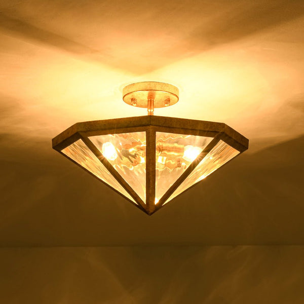 Chandelierias-3-Light Rusty Gold Ripple Glass Pyramid Semi-flush Mount-Semi Flush-Antique Brass-