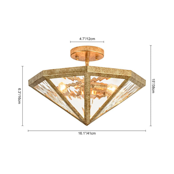 Chandelierias-3-Light Rusty Gold Ripple Glass Pyramid Semi-flush Mount-Semi Flush-Antique Brass-