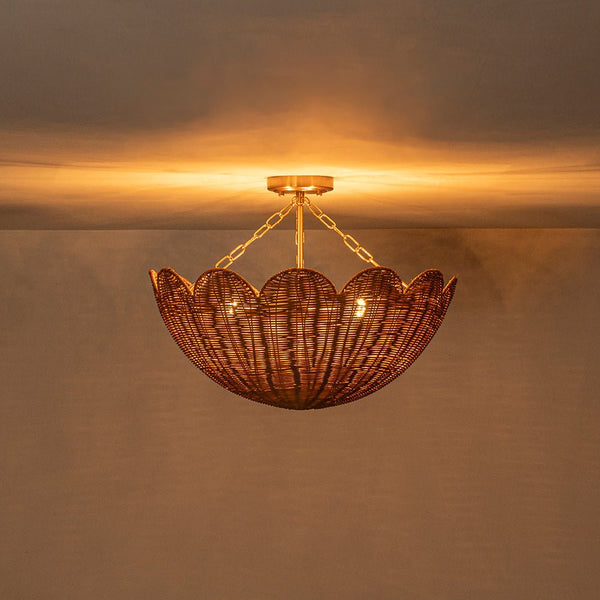 Chandelierias - 3 - Light Scalloped Hand - woven Floral Basket Semi - Flush Mount - Semi Flush - Brass (Preorder) - 