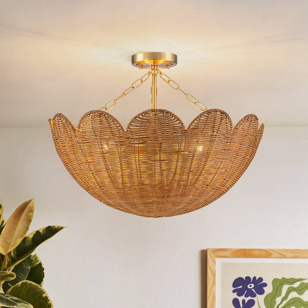 Chandelierias - 3 - Light Scalloped Hand - woven Floral Basket Semi - Flush Mount - Semi Flush - Brass (Preorder) - 