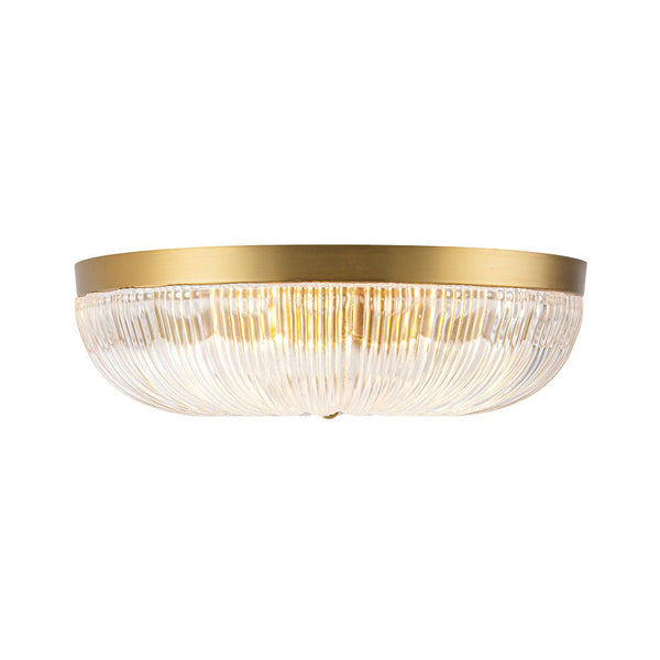 Chandelierias - 3 - Light Scalloped Round Drum Ribbed Glass Flush Mount - Flush Mount - Brass - 
