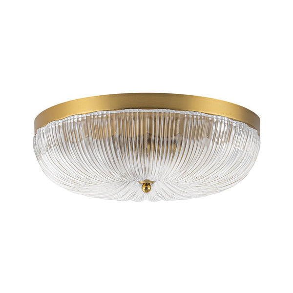 Chandelierias - 3 - Light Scalloped Round Drum Ribbed Glass Flush Mount - Flush Mount - Brass - 