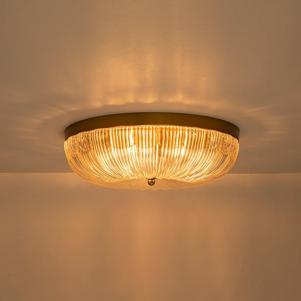 Chandelierias - 3 - Light Scalloped Round Drum Ribbed Glass Flush Mount - Flush Mount - Brass - 