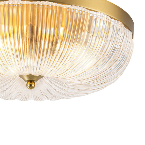 Chandelierias - 3 - Light Scalloped Round Drum Ribbed Glass Flush Mount - Flush Mount - Brass - 