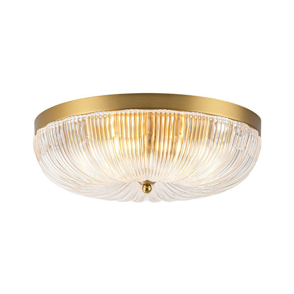 Chandelierias - 3 - Light Scalloped Round Drum Ribbed Glass Flush Mount - Flush Mount - Brass - 
