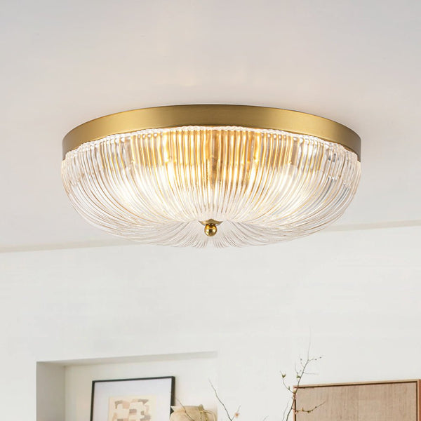 Chandelierias - 3 - Light Scalloped Round Drum Ribbed Glass Flush Mount - Flush Mount - Brass - 