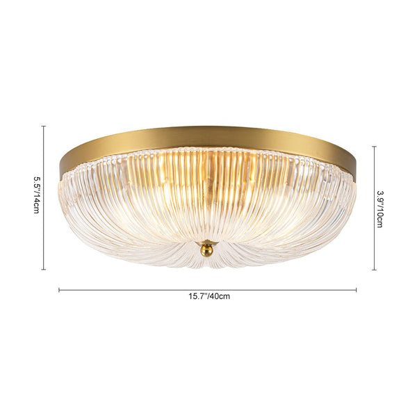 Chandelierias - 3 - Light Scalloped Round Drum Ribbed Glass Flush Mount - Flush Mount - Brass - 