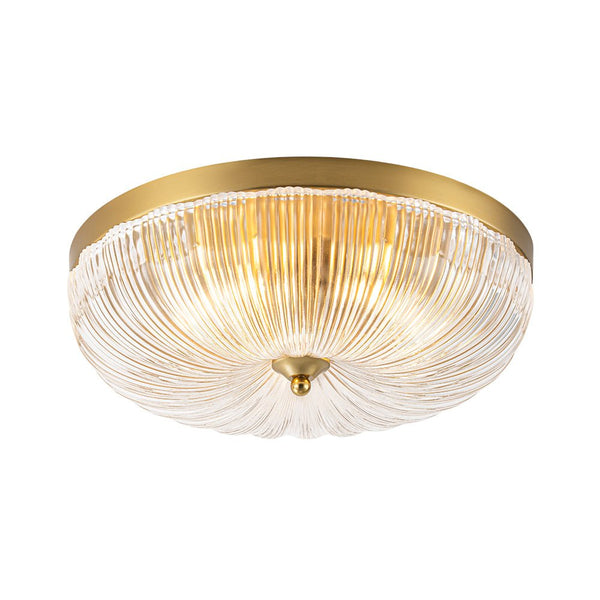 Chandelierias - 3 - Light Scalloped Round Drum Ribbed Glass Flush Mount - Flush Mount - Brass - 