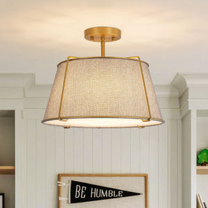 Chandelierias-4-Light Heathered Gray Fabric Conical Drum Semi-flush Mount-Semi Flush-Brass-Gray