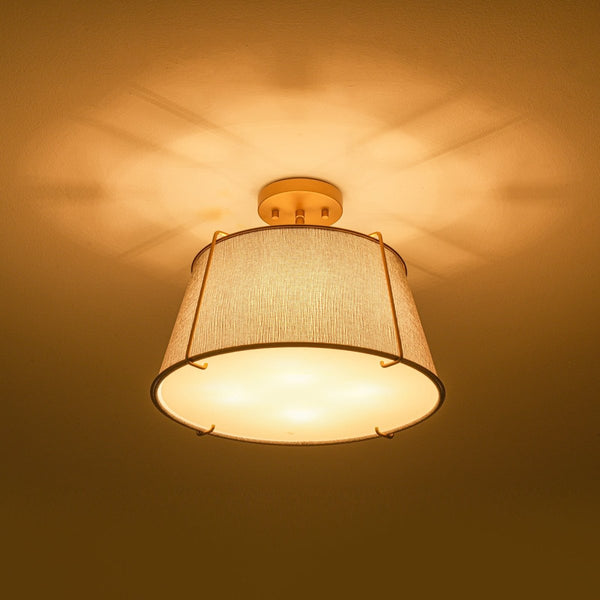 Chandelierias-4-Light Heathered Gray Fabric Conical Drum Semi-flush Mount-Semi Flush-Brass-Gray