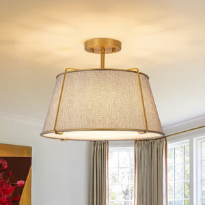 Chandelierias-4-Light Heathered Gray Fabric Conical Drum Semi-flush Mount-Semi Flush-Brass-Gray