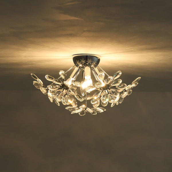Chandelierias - 4 - Light Spark Ball Crystal Flower Sphere Semi - Flush Mount - Semi Flush - Chrome - 