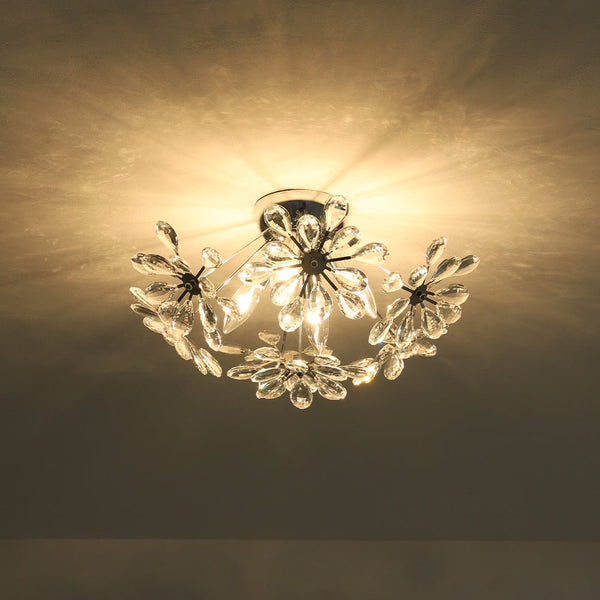 Chandelierias - 4 - Light Spark Ball Crystal Flower Sphere Semi - Flush Mount - Semi Flush - Chrome - 