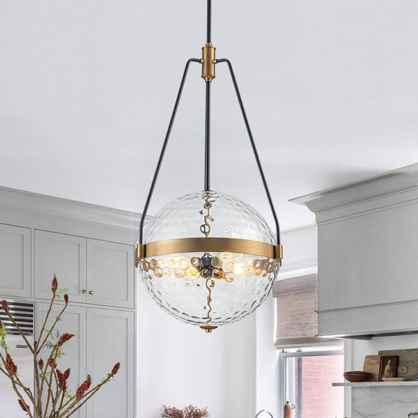 Chandelierias - 4 - Light Water Hammered Glass Sphere Pendant - Pendant - Brass & Black - 
