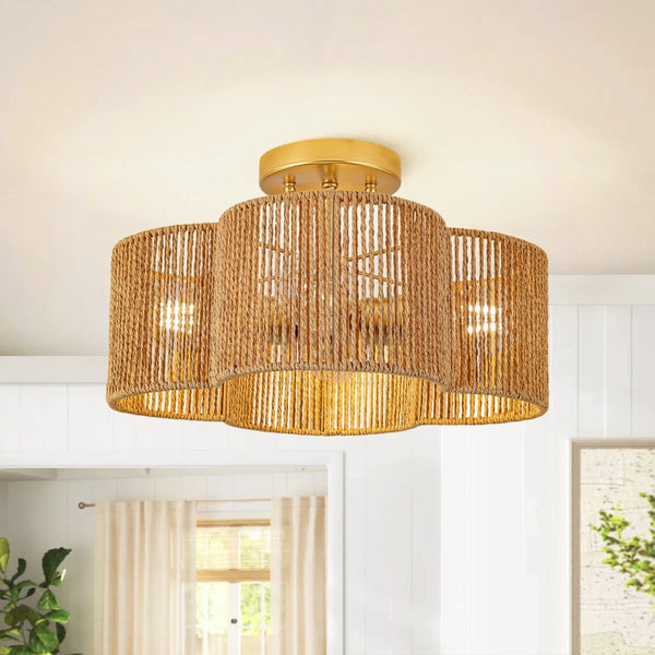 Chandelierias-4-Lobed Raffia Yarn Woven Flower Scallop Drum Semi-flush Mount-Semi Flush-1-Pack-