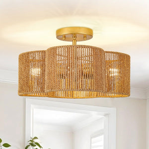 Chandelierias-4-Lobed Raffia Yarn Woven Flower Scallop Drum Semi-flush Mount-Semi Flush-1-Pack-