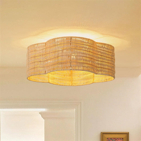 Chandelierias-4-Lobed Scalloped Drum Rattan Semi-flush Mount-Semi Flush-Light Brown-1-Pack