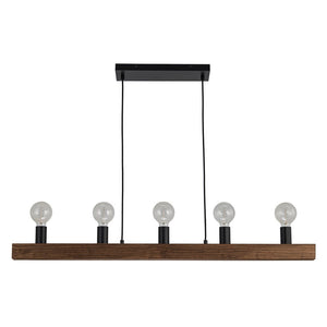 Chandelierias - 5 - Light Farmhouse Natural Wooden Linear Chandelier - Chandeliers - Matte Black & Wood Grain - 